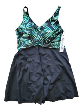 NWT Septangle One Piece Skirted Swimsuit Palm Leaf Modest Swim Dress Black 10